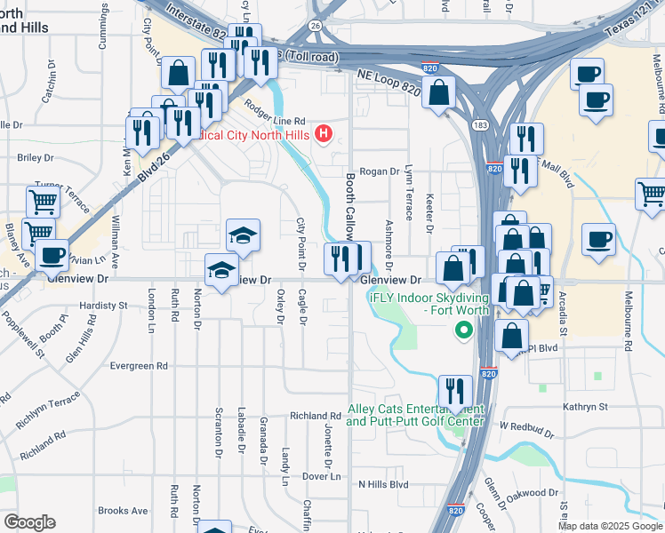 map of restaurants, bars, coffee shops, grocery stores, and more near 7625 Glenview Drive in North Richland Hills