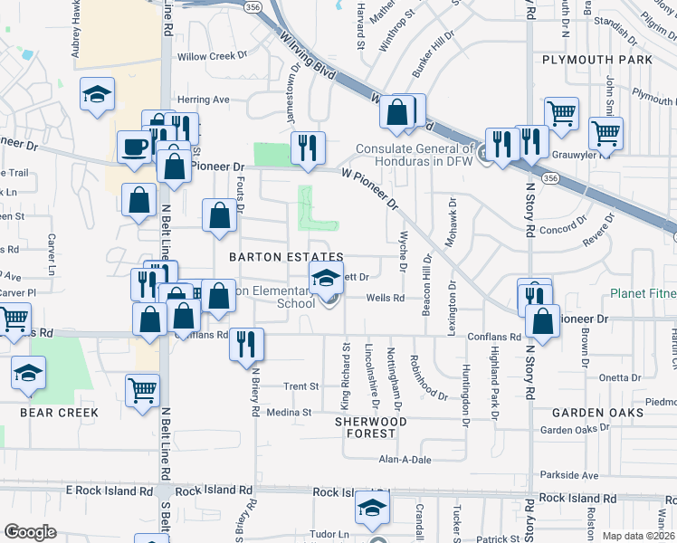 map of restaurants, bars, coffee shops, grocery stores, and more near 2917 Pritchett Drive in Irving