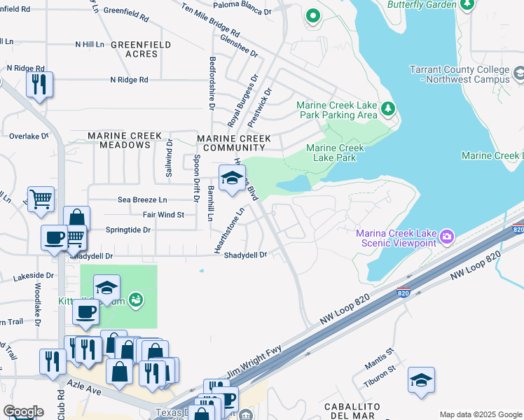 map of restaurants, bars, coffee shops, grocery stores, and more near 4724 Huffines Boulevard in Fort Worth