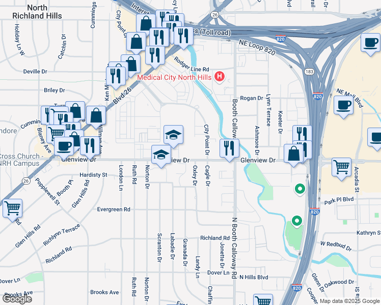 map of restaurants, bars, coffee shops, grocery stores, and more near 7501 Glenview Drive in Richland Hills