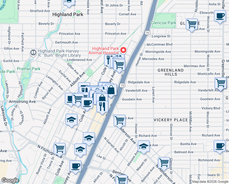 map of restaurants, bars, coffee shops, grocery stores, and more near 3031 Hester Avenue in Dallas