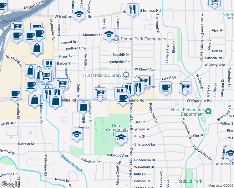map of restaurants, bars, coffee shops, grocery stores, and more near 824 West Pipeline Road in Hurst