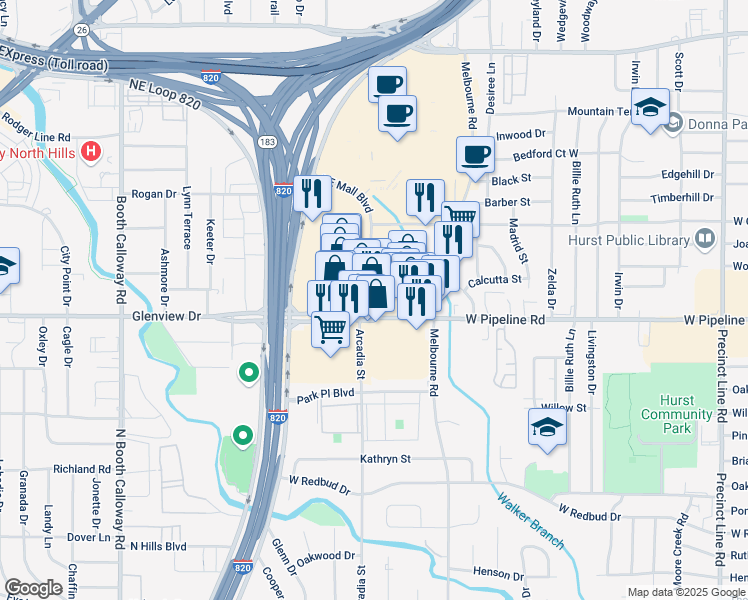 map of restaurants, bars, coffee shops, grocery stores, and more near 812 Arcadia Street in Hurst