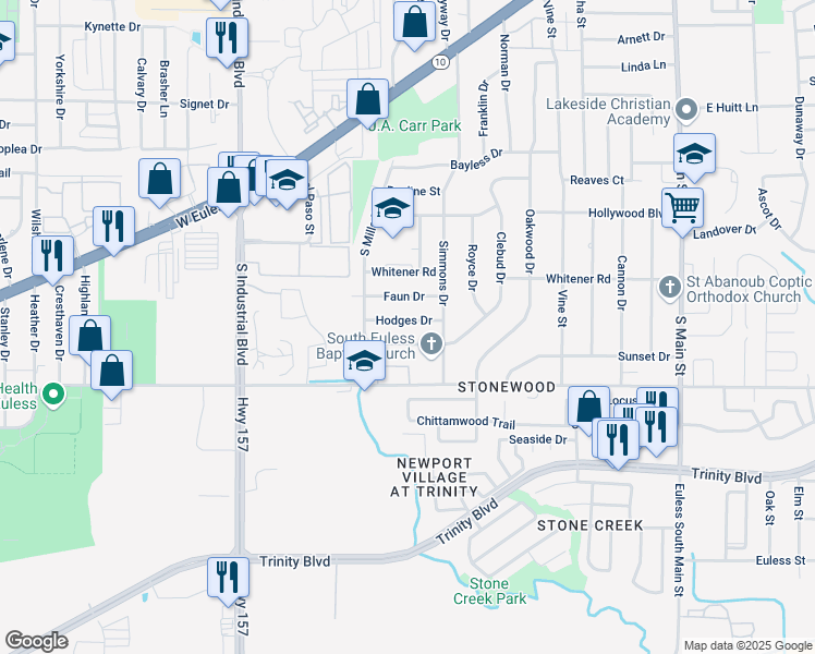 map of restaurants, bars, coffee shops, grocery stores, and more near 701 Hodges Drive in Euless