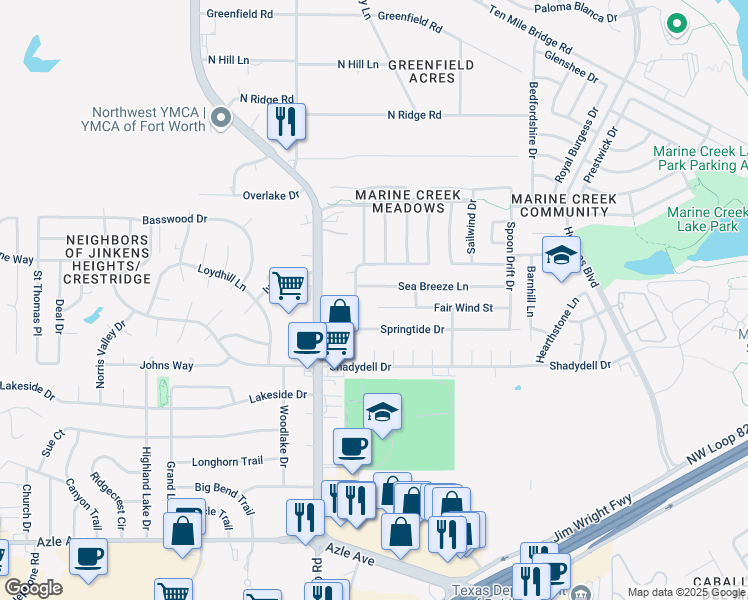 map of restaurants, bars, coffee shops, grocery stores, and more near 5932 Fair Wind Street in Fort Worth