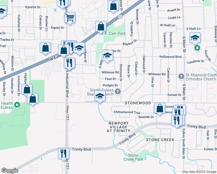 map of restaurants, bars, coffee shops, grocery stores, and more near 701 Hodges Drive in Euless