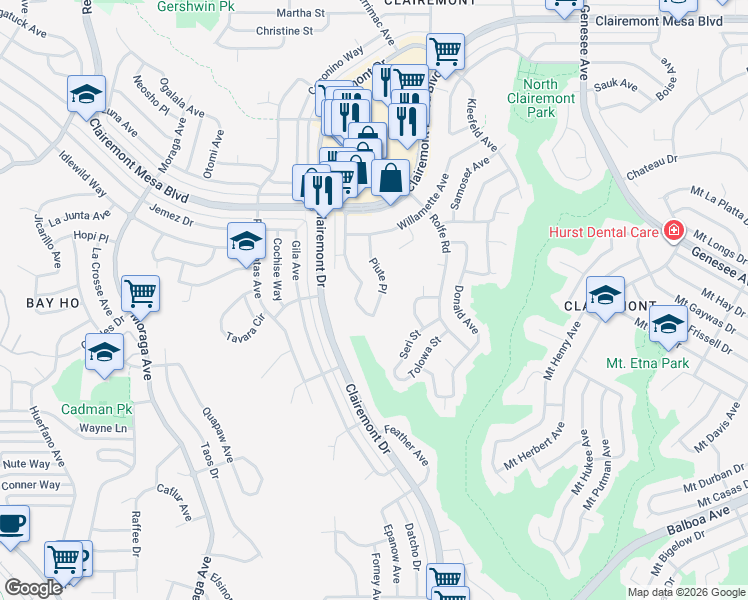 map of restaurants, bars, coffee shops, grocery stores, and more near 4430 Piute Place in San Diego
