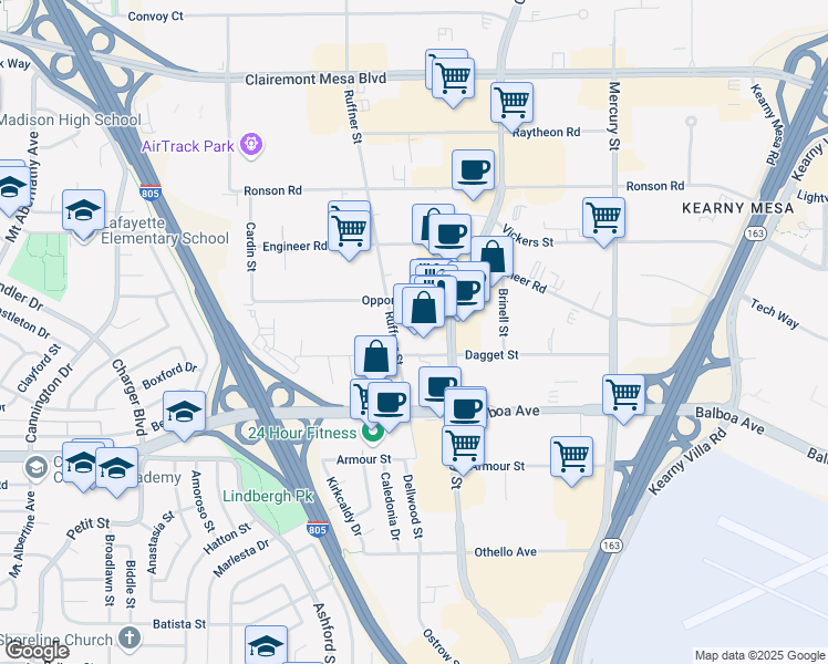 map of restaurants, bars, coffee shops, grocery stores, and more near 4620 Convoy Street in San Diego