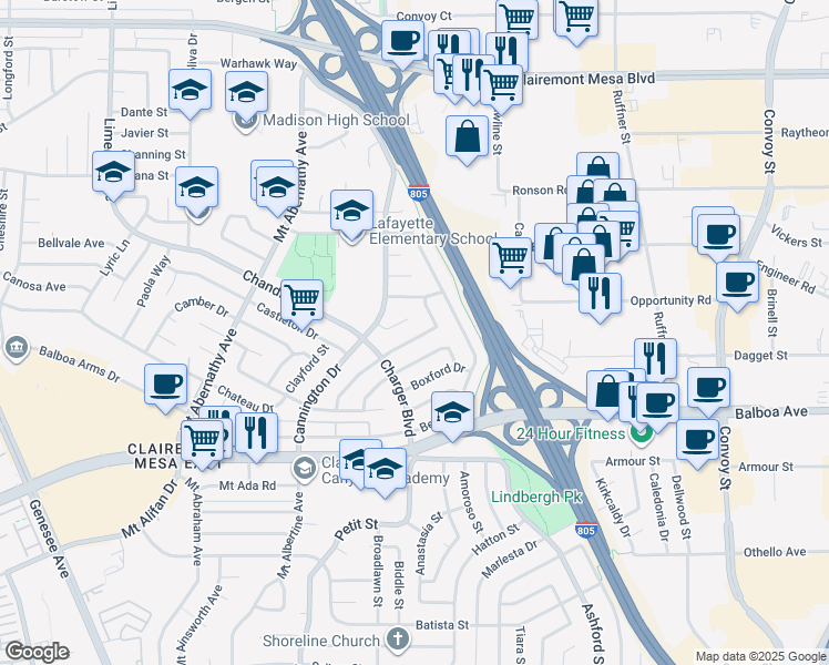 map of restaurants, bars, coffee shops, grocery stores, and more near 6734 Barnhurst Drive in San Diego