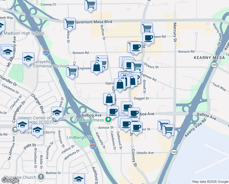 map of restaurants, bars, coffee shops, grocery stores, and more near 4617 Ruffner Street in San Diego