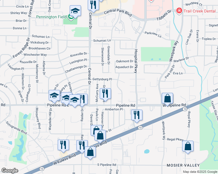 map of restaurants, bars, coffee shops, grocery stores, and more near 913 Prestwick Street in Bedford