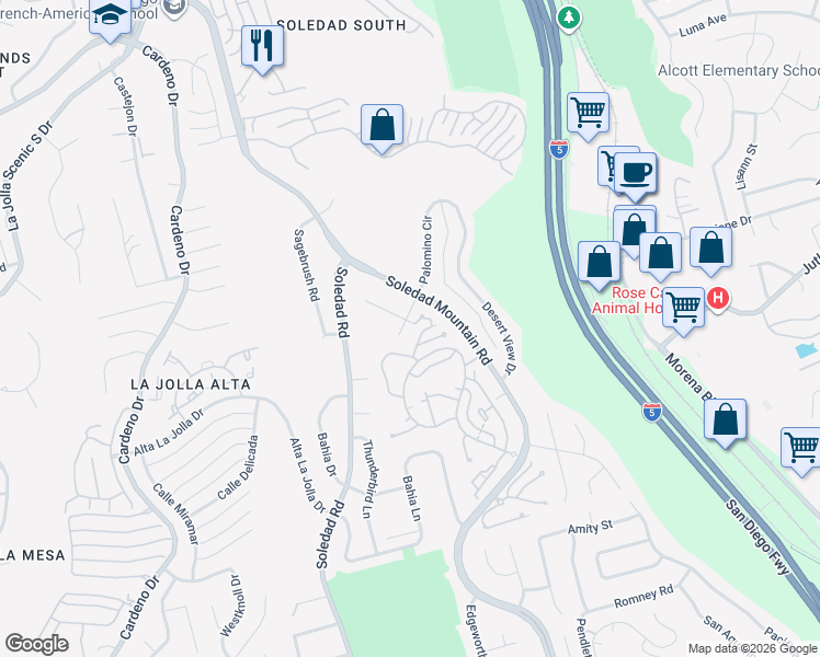 map of restaurants, bars, coffee shops, grocery stores, and more near 2671 Palomino Circle in San Diego