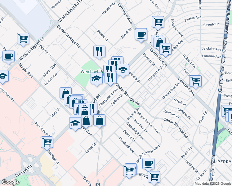 map of restaurants, bars, coffee shops, grocery stores, and more near 2920 Cherrywood Avenue in Dallas