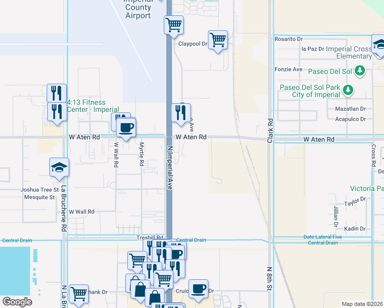 map of restaurants, bars, coffee shops, grocery stores, and more near 385 West Aten Road in Imperial