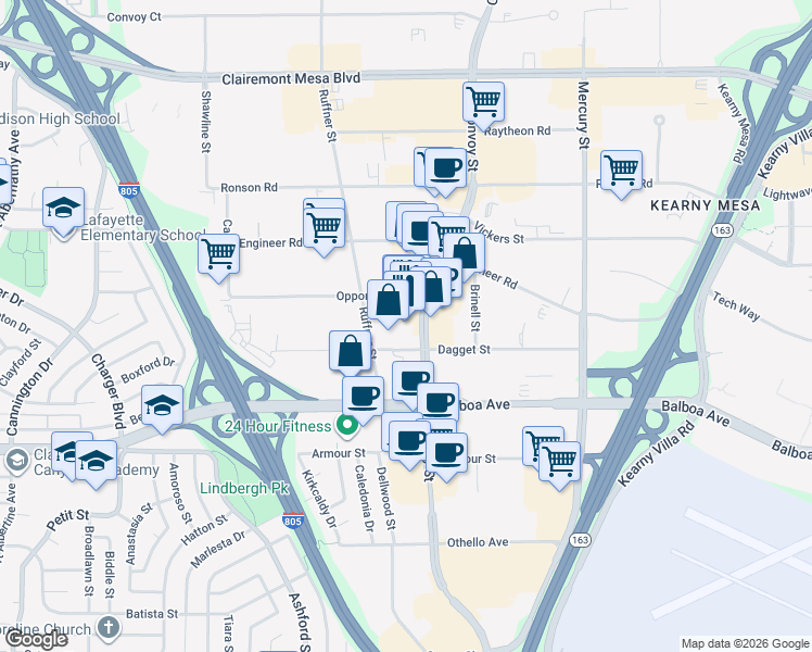 map of restaurants, bars, coffee shops, grocery stores, and more near 4620 Convoy Street in San Diego