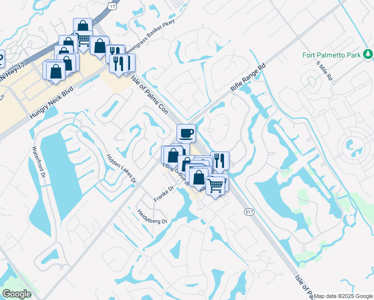 map of restaurants, bars, coffee shops, grocery stores, and more near 1300 Long Grove Drive in Mount Pleasant
