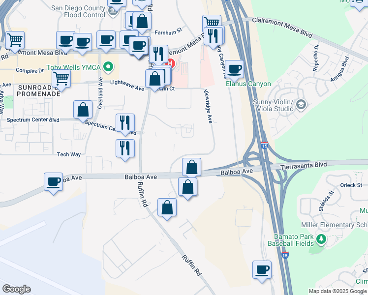 map of restaurants, bars, coffee shops, grocery stores, and more near 4560 Viewridge Avenue in San Diego