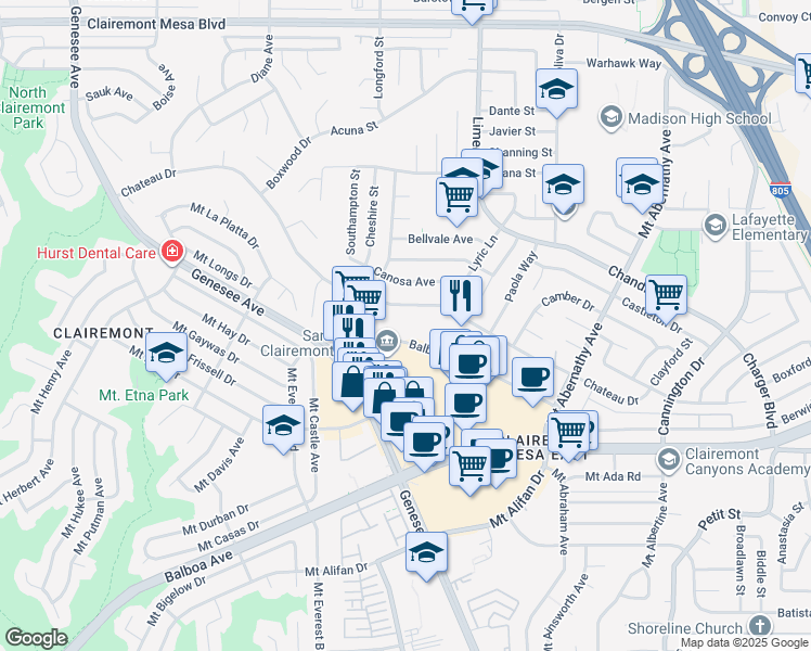 map of restaurants, bars, coffee shops, grocery stores, and more near 5188 Balboa Arms Drive in San Diego