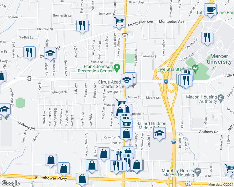 map of restaurants, bars, coffee shops, grocery stores, and more near 192 Straight Street in Macon
