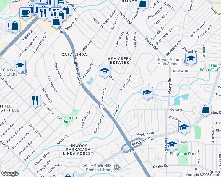 map of restaurants, bars, coffee shops, grocery stores, and more near 9544 Mercer Drive in Dallas