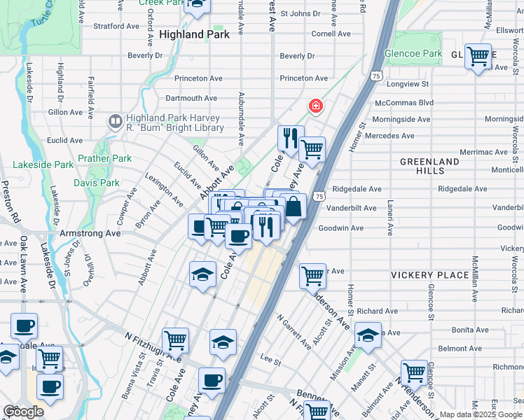 map of restaurants, bars, coffee shops, grocery stores, and more near 4703 McKinney Avenue in Dallas