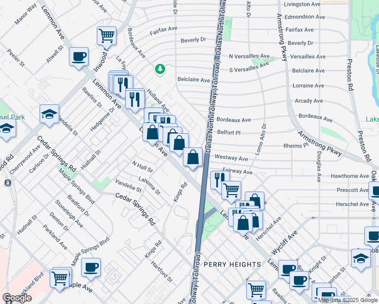 map of restaurants, bars, coffee shops, grocery stores, and more near 4345 Westside Avenue in Dallas