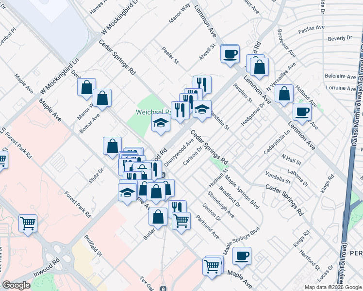 map of restaurants, bars, coffee shops, grocery stores, and more near 2920 Cherrywood Avenue in Dallas