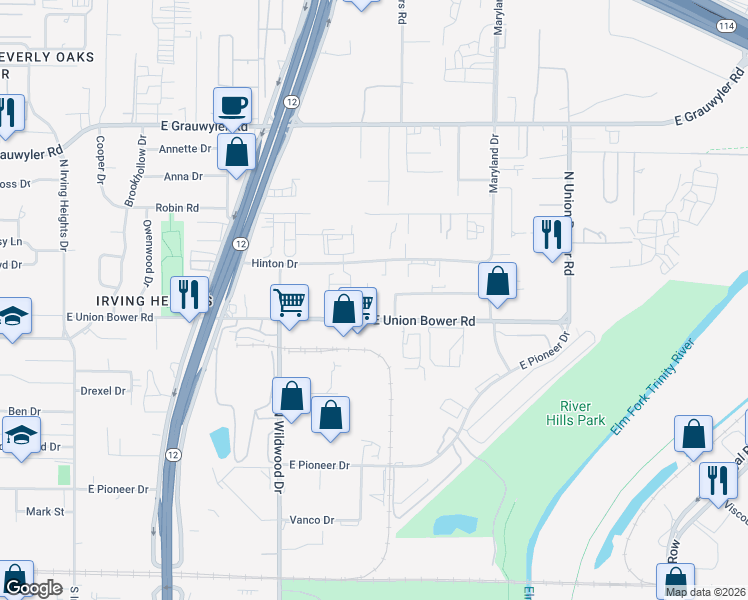 map of restaurants, bars, coffee shops, grocery stores, and more near 2205 East Union Bower Road in Irving