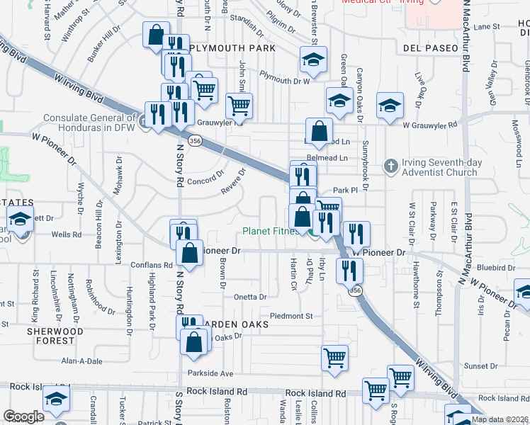 map of restaurants, bars, coffee shops, grocery stores, and more near 901 West Tanglewood Drive in Irving