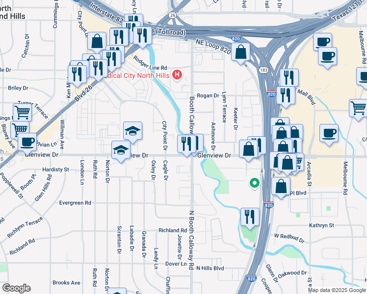 map of restaurants, bars, coffee shops, grocery stores, and more near 7625 Glenview Drive in North Richland Hills