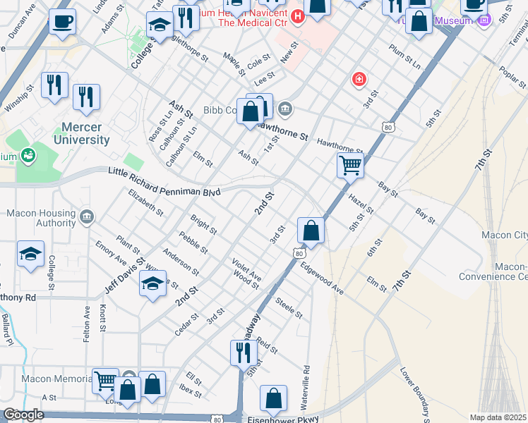 map of restaurants, bars, coffee shops, grocery stores, and more near 1412 2nd Street in Macon