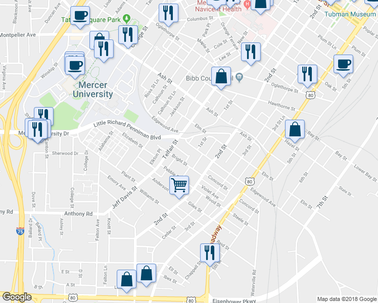map of restaurants, bars, coffee shops, grocery stores, and more near 1541 1st Street in Macon