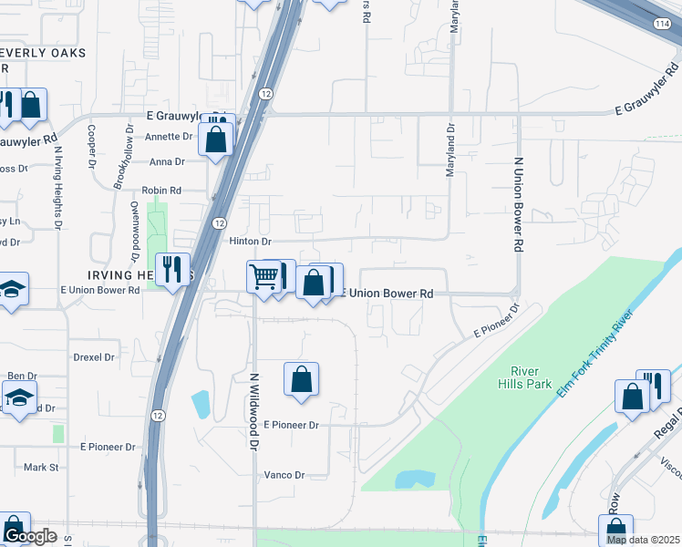 map of restaurants, bars, coffee shops, grocery stores, and more near 2205 East Union Bower Road in Irving