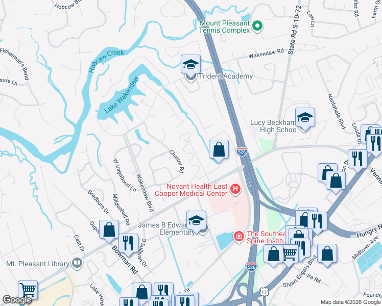 map of restaurants, bars, coffee shops, grocery stores, and more near 1308 State Road S-10-56 in Mt Pleasant
