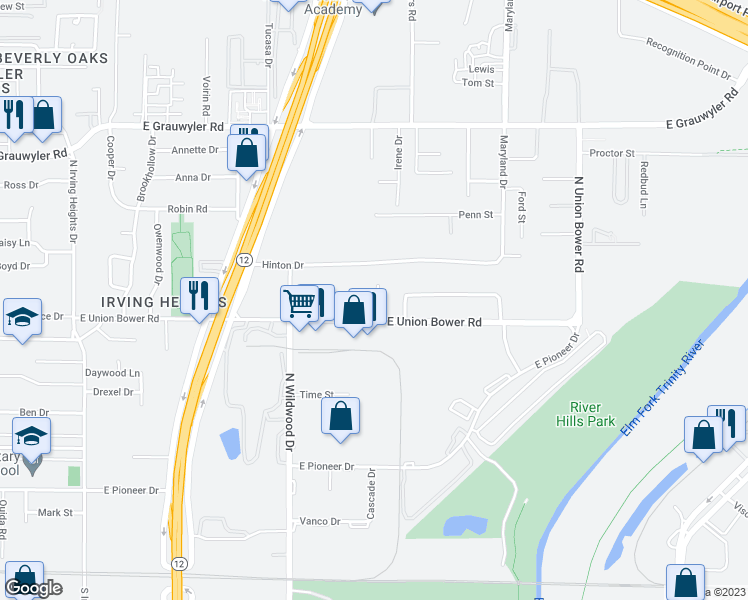 map of restaurants, bars, coffee shops, grocery stores, and more near 2205 East Union Bower Road in Irving