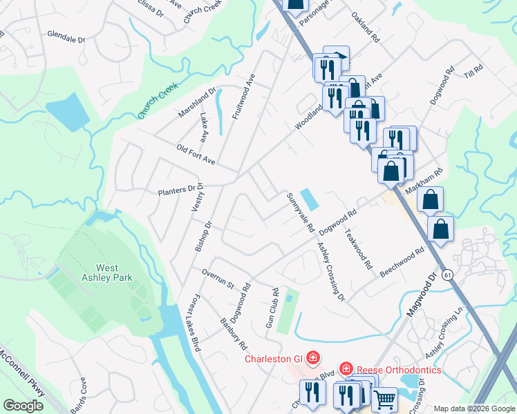 map of restaurants, bars, coffee shops, grocery stores, and more near 2061 Green Park Avenue in Charleston