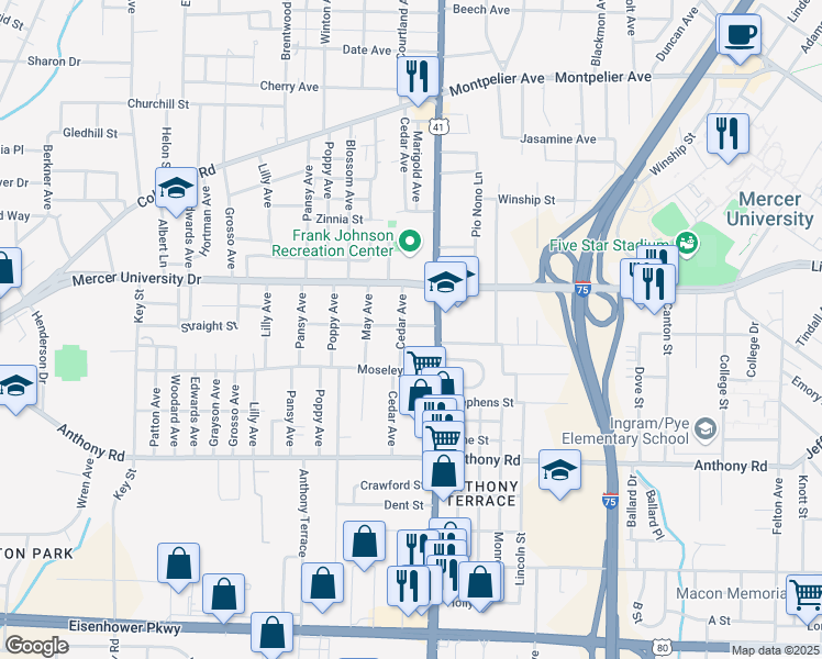 map of restaurants, bars, coffee shops, grocery stores, and more near 192 Straight Street in Macon