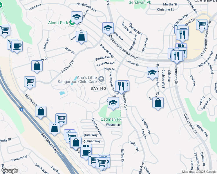 map of restaurants, bars, coffee shops, grocery stores, and more near 4457 Kamloop Avenue in San Diego