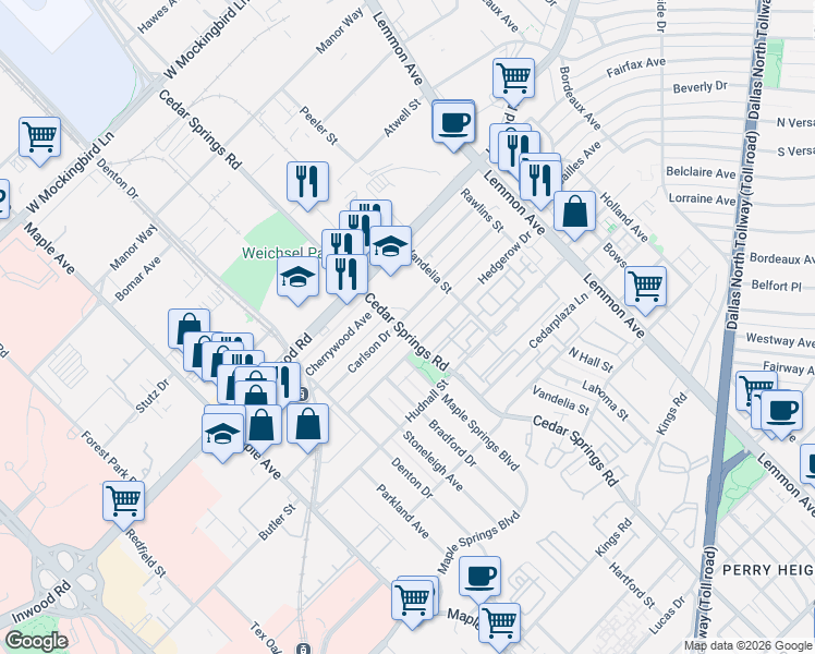 map of restaurants, bars, coffee shops, grocery stores, and more near 3102 Carlson Drive in Dallas