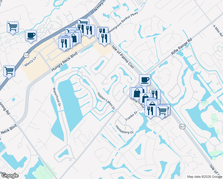 map of restaurants, bars, coffee shops, grocery stores, and more near 1931 Oak Tree Lane in Mount Pleasant