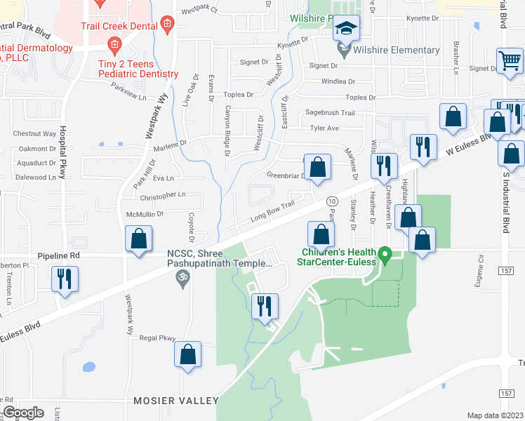 map of restaurants, bars, coffee shops, grocery stores, and more near 1902 Long Bow Trail in Euless