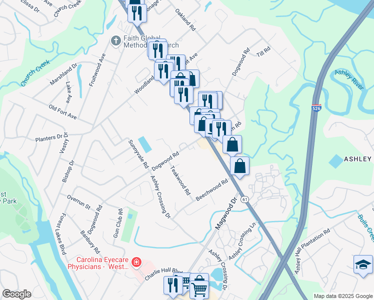 map of restaurants, bars, coffee shops, grocery stores, and more near 1829 Dogwood Road in Charleston