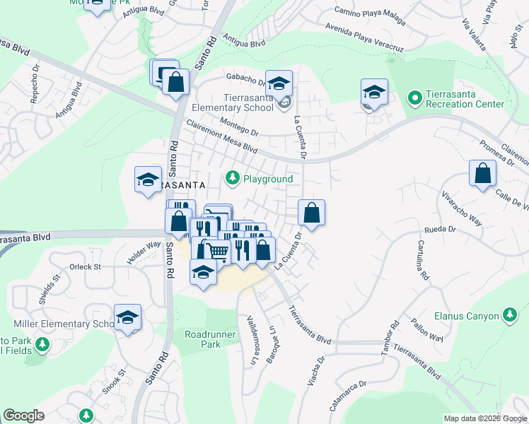 map of restaurants, bars, coffee shops, grocery stores, and more near 10756 Escobar Drive in San Diego