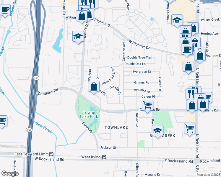 map of restaurants, bars, coffee shops, grocery stores, and more near 1013 Old Mill Circle in Irving