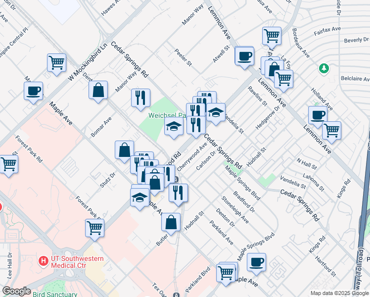 map of restaurants, bars, coffee shops, grocery stores, and more near 2912 Inwood Road in Dallas
