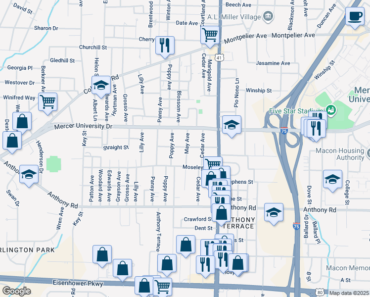 map of restaurants, bars, coffee shops, grocery stores, and more near 280 Straight Street in Macon