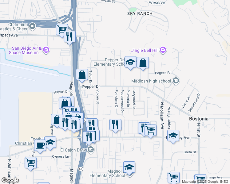 map of restaurants, bars, coffee shops, grocery stores, and more near 1760 Poinciana Drive in El Cajon