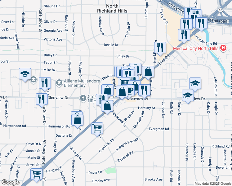map of restaurants, bars, coffee shops, grocery stores, and more near 7151 Grapevine Highway in North Richland Hills