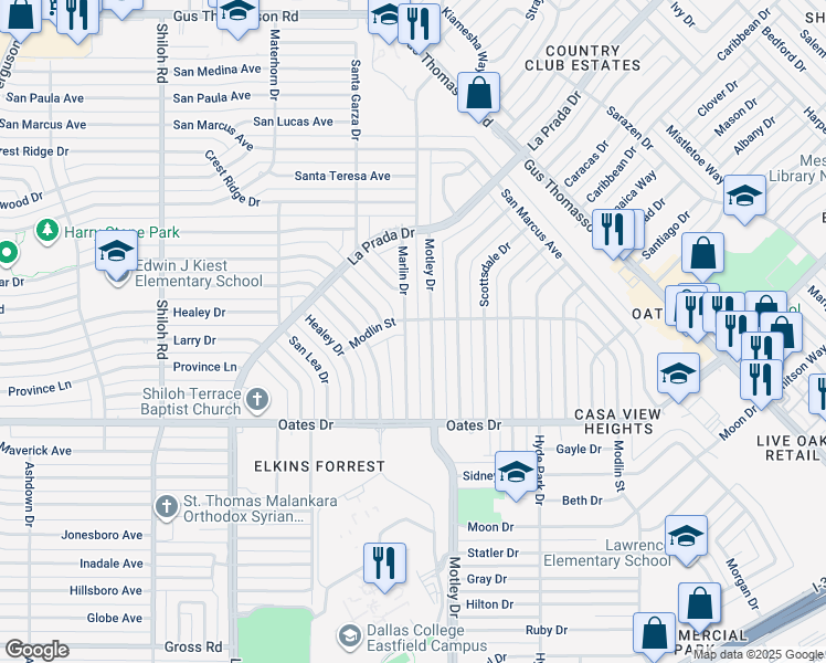 map of restaurants, bars, coffee shops, grocery stores, and more near 9880 Marlin Drive in Dallas