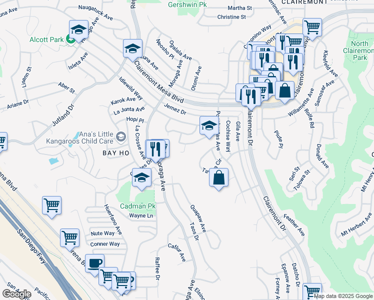 map of restaurants, bars, coffee shops, grocery stores, and more near 4445 Hedionda Court in San Diego
